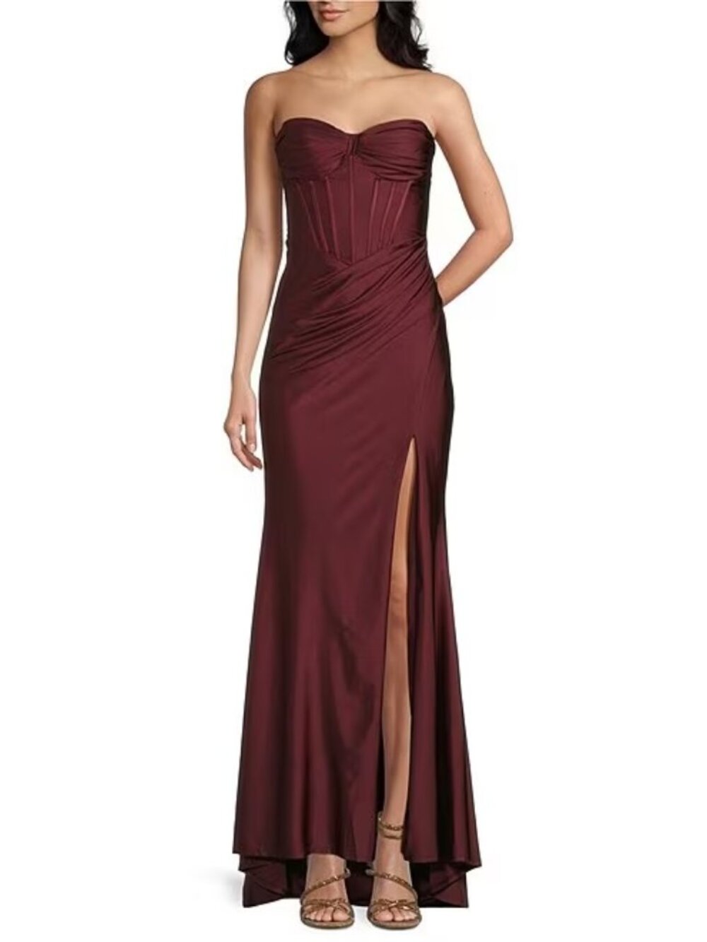 B. Darlin Strapless Sweetheart Neck Corseted Faux Wrap Long Dress Burgundy